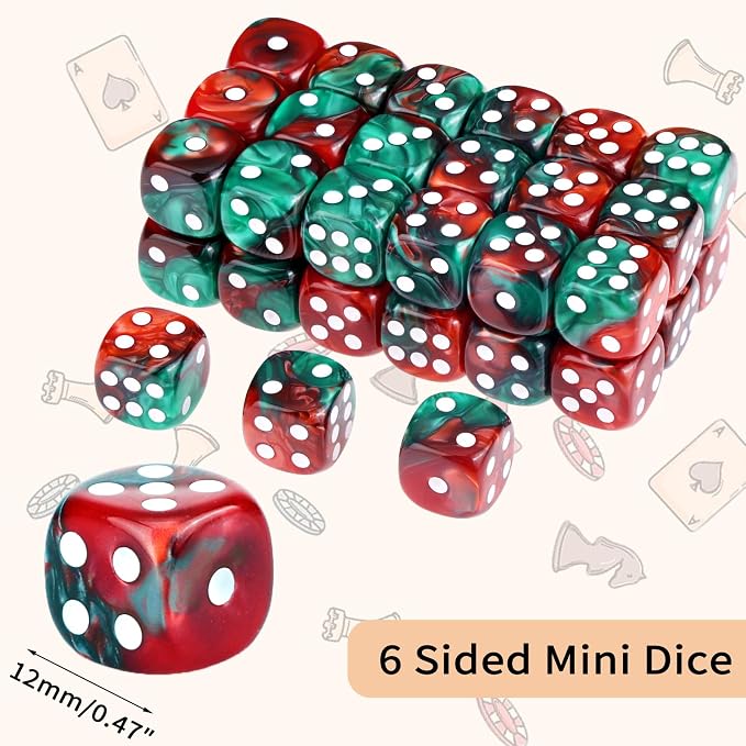 36 of Pack 12MM 6 Sided MINI Dice Set,Two Colours D6 Game Dice Set, 6 Sided Standard Dices for Yahtzee, Bunco or Teaching Math,with Portable Plastic Box(Red Green)