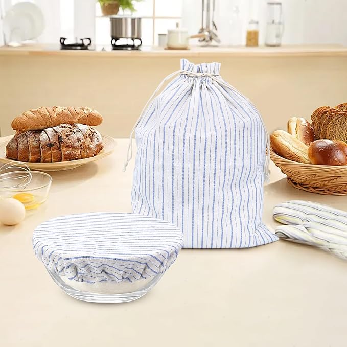 Reusable Bread Bags for Homemade Bread with TPU Lining & Proofing Bowl Cover, Organic Cotton Sourdough Bread bags for Baker Lovers (stripe)