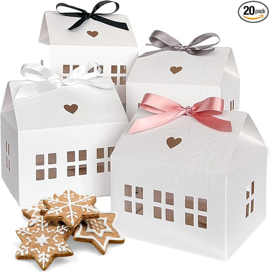 20 Pcs Classic House Shaped Gift Boxes with Neutral Ribbons for Treats, Desserts, Fancy Cookie, White Gable Bakery Packaging