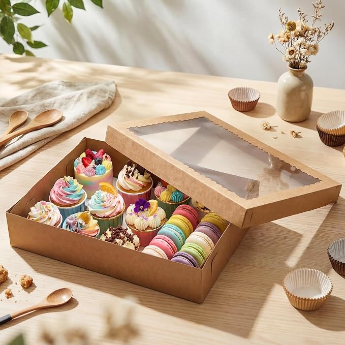 Sinload 10 Pcs 19x14x4 Inch Half Sheet Cake Boxes 5pcs Large Rectangle Bakery Boxes with 5pcs Cake Boards for Pastry Baking, Cupcakes, Donuts, Cookies, Pie Treat Packaging (Brown)