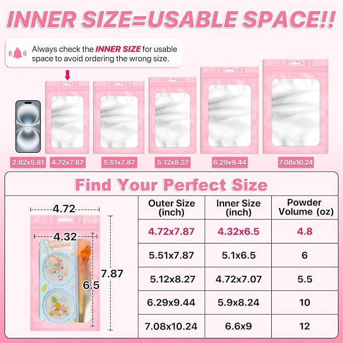 ANZNKU 100 PCS Multicolor Resealable Mylar Bags with Frosted Clear Window Packaging Bags Foil Pouch Zipper Bag for Food Self Sealing Jewelry Storage Supplies (4.72x7.87)