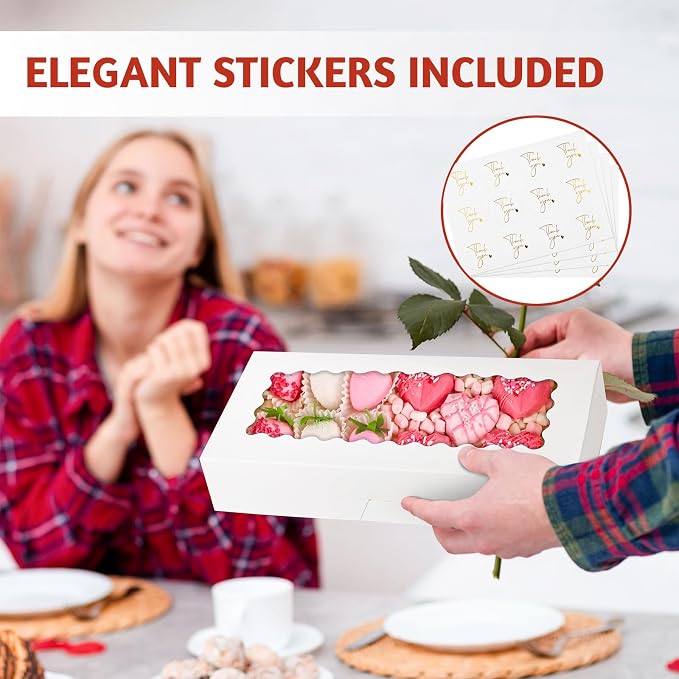 30 Pack Auto Pop-up Cookie Boxes with Window, 12.5" x 5.5" x 2.5", White | Bakery Treat Boxes, For Chocolate Covered Strawberries, Cake Pops, Donuts, Cocoa Bombs, Sugar Cookies, Pastries