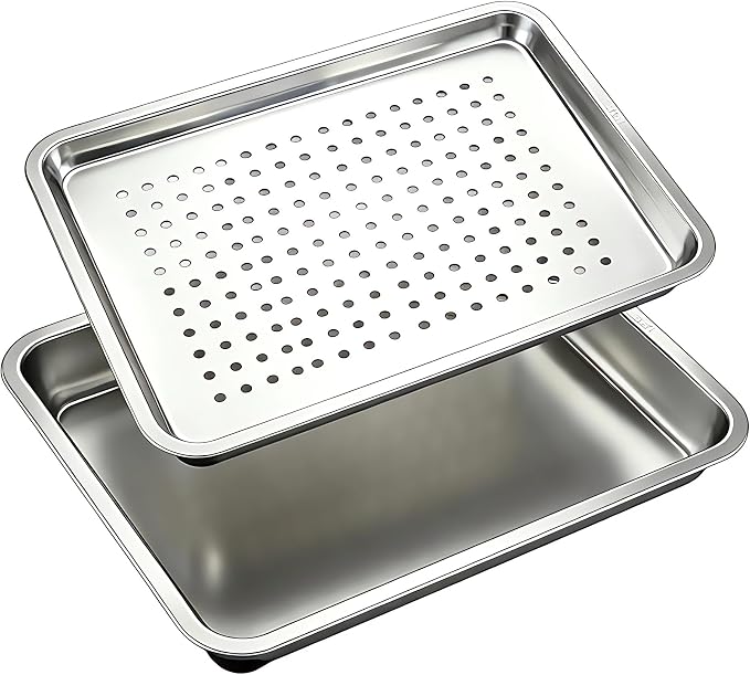 17.5" Half Sheet Baking Pan & Crisping Tray, 18/8 Stainless Steel | 2-Pack, Heavy Duty, Commercial Grade 304SS, 2" Deep Solid & 1" Perforated Tray, For Roasting Draining, Oven & Dishwasher Safe