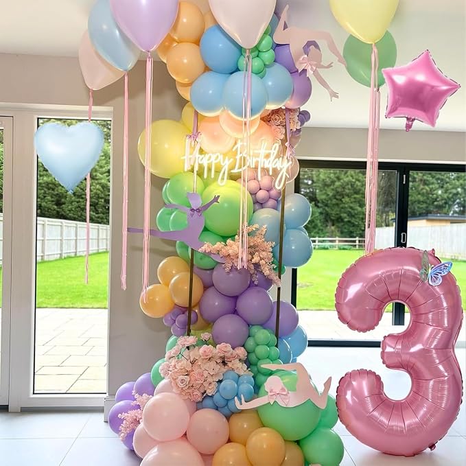 3rd Birthday Decoration for Girls,Easter Pastel Rainbow Macaron 3rd Birthday Balloon Number 3 Balloon Butterfly Stickers Star Heart Foil Balloons Banner Party Decoration for 3 Year Old