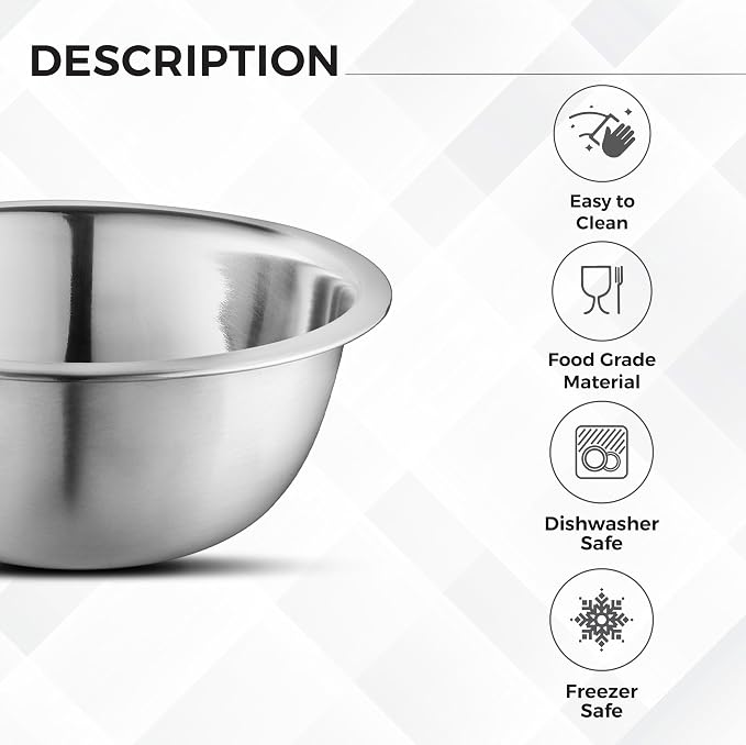 AVADOR Premium Stainless Steel Mixing Bowls, Set of 5 Brushed Stainless Steel Mixing Bowl Set, Easy To Clean, Space Saving, Great for Cooking, Baking, Prepping (5 Pc Mixing Bowl)
