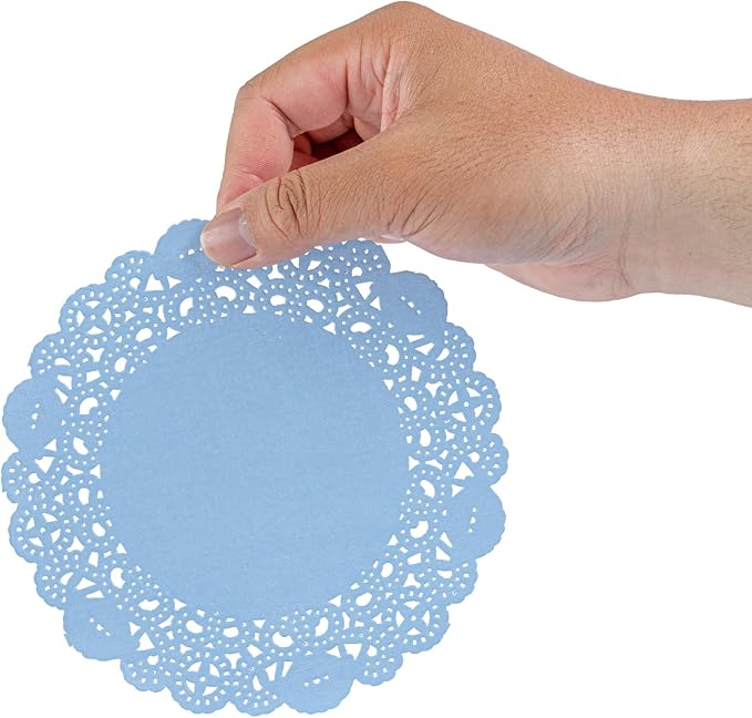 Pastry Tek 6 x 6 Inch Paper Lace Doilies, 100 Disposable Table Doilies - Elegant Lace Finish, Long Lasting, SkyBlue Paper Doily, for Pastries, Cupcakes, Desserts - Restaurantware