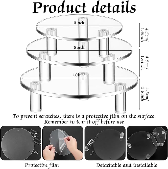 Lineshading 3 Pcs Round Acrylic Display Riser Clear Round Stands Clear Pedestal Riser Board for Cake Plant Dessert Jewelry Collectible Cupcake Figure Wedding Birthday Party Decor(6'',8'',10'')
