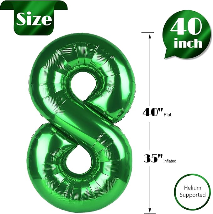 Dark Green Number 8 Balloon 40 Inch, 8th Birthday Party Decorations for Children, Giant 8 Foil Balloon for Party Supplies