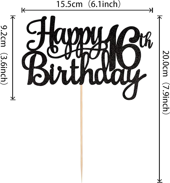 1 PCS Happy 16th Birthday Cake Topper Glitter Cheers to 16 Years Birthday Cake Pick Sweet 16 Fabulous Cake Decoration for Happy 16th Birthday Theme Party Decorations Supplies Black