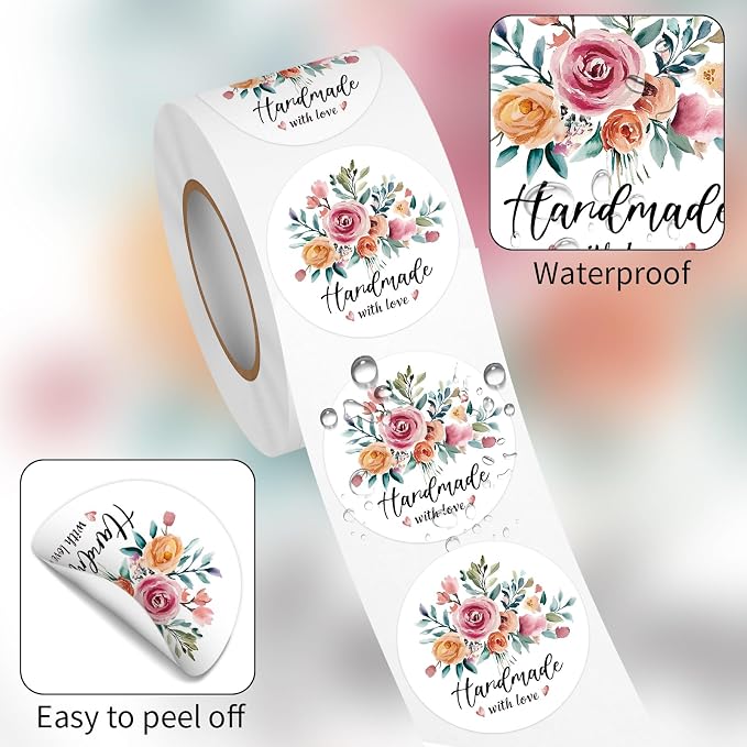 Floral Handmade with Love Stickers Roll, 1.5 inch 500 PCS Flower Homemade with Love Stickers for Handmade Baked Goods, Crafts, Gifts Package, Small Business