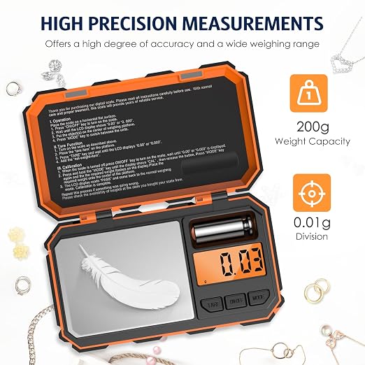 Digital Gram Scale, 200g x 0.01g Pocket Scale, Mini 6 Units Jewelry Scale with LCD Display, Tare Function for Food, Jewelry, Coin, Coffee,with 50g Calibration Weight(Battery Included)