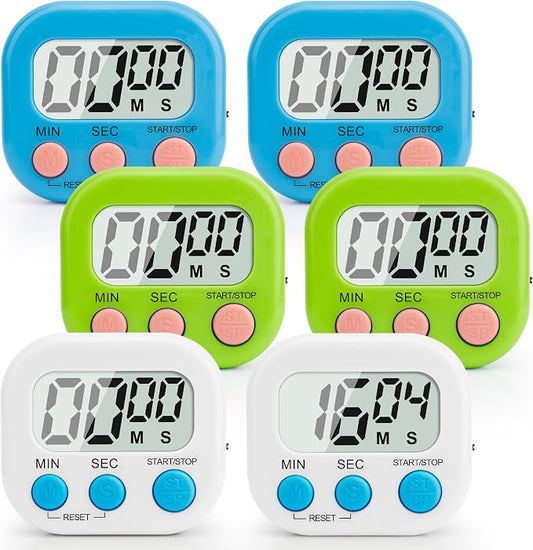 6 Pack Digital Kitchen Timer Multi-Function Magnetic Timers Classroom Timer for Kids Loud Alarm Big LCD Display Electronic Timers for Cooking, Classroom, Exercise, Study, Meeting(Blue, Green, White)
