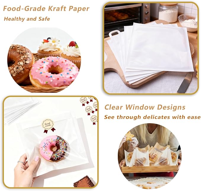 100 Pack Heat Sealable Bakery Bags with Window, 7.1x7.5 Inch Kraft Paper Cookie Bags, Grease Resistant Pastry Sleeves for Donut, Sandwich, Cake Slice, Bagel & Treat Packaging