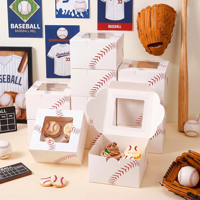 50 Pack Baseball Print Cookie Boxes with Window, Small Bakery Treat Boxes for Pastry Donuts Macaroon Cupcakes, Birthday Baseball Party Baby Shower Favors