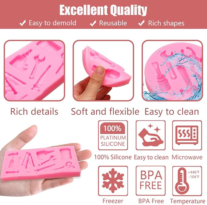 Hand Tools Fondant Molds 4 Pcs, Mini Construction Tool Chocolate Silicone Molds for Cake Decoration Candy Sugar Cupcake Topper Cake Pop Popsicle Polymer Clay Crafts