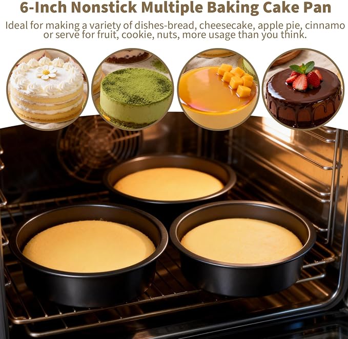 6 Inch Round Cake Pans Set of 3, Heavy-Duty Carbon Steel Baking Pans for Layered Birthday Cakes, Non-Stick Professional Circle Smash Cake Tins, Straight Wall & Dishwasher Safe