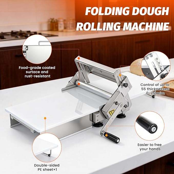 Folding Dough Sheeter Machine, 15.5" Dough Sheeter with 10 Adjustable Thickness Settings (0-17.5mm), Manual Stainless Steel Dough Roller for Home and Commercial Bakeries