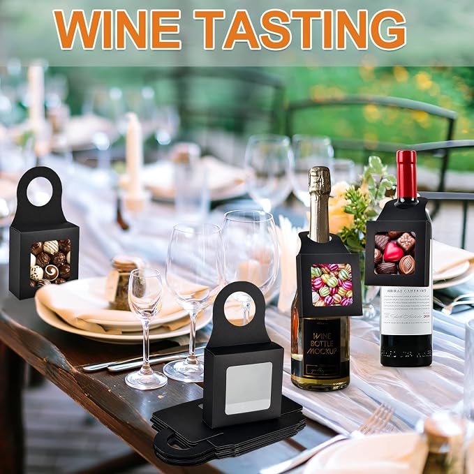 Mototo 30 PCS Kraft Paper Wine Bottle Boxes with Transparent Window Hanger Foldable Wine Bottle Empty Gift Boxes with Hanger for Valentines Christmas Candy Truffles Chocolate Cookies Packing, Black