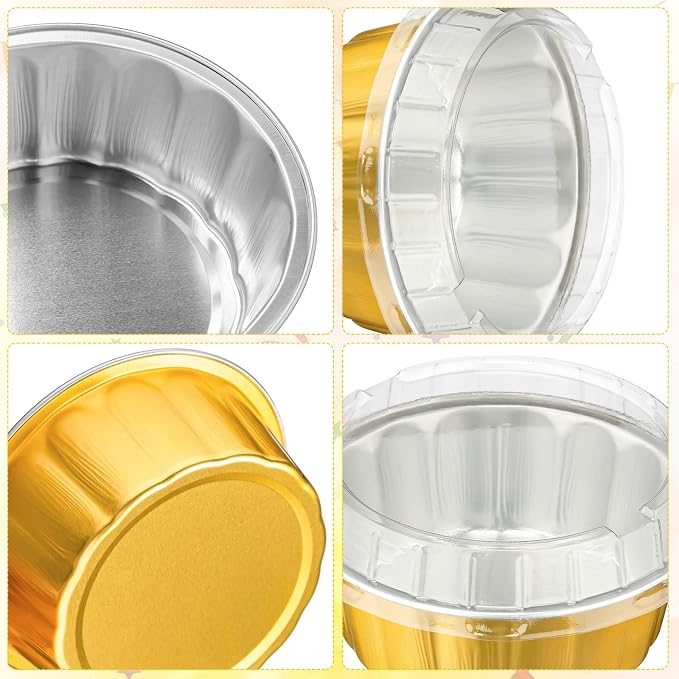 Tessco for you 200 Pcs Disposable Ramekins with Lids 8 oz Creme Brulee Ramekin Aluminum Foil Cup Cupcake Liner Baking Valentines Disposable Muffin Tin Pan Cheesecake Container (Gold,Silver)