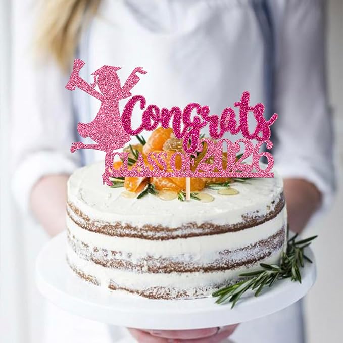 1 Pack Congrats Class of 2026 Cake Toppers Graduation Girl Cake Picks Glitter 2026 Graduation Cake Decorations for Theme High School Girls Graduate Cake Decorations Party Supplies Pink 2