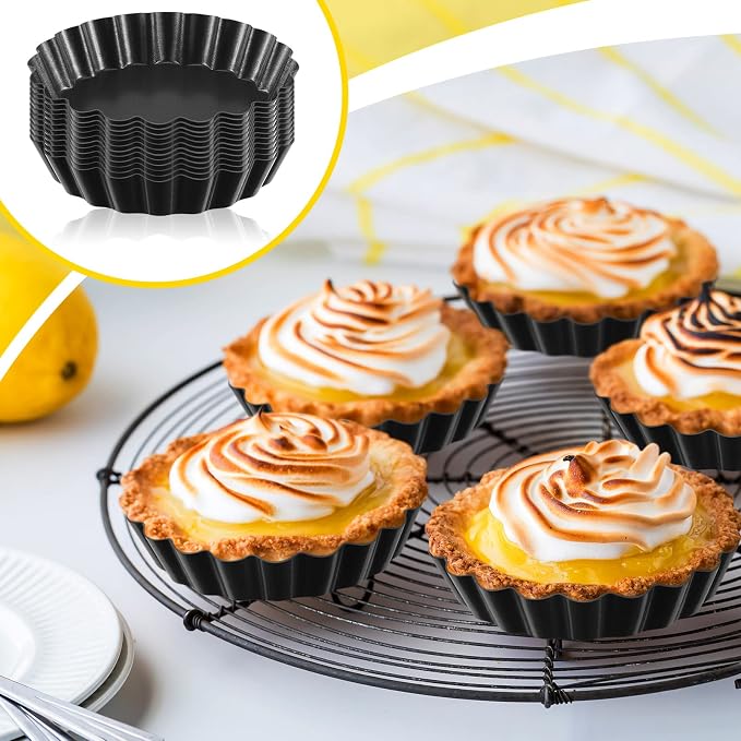 Tessco for you 16 Pcs Mini Tart Pans for Baking, 4 Inch Quiche Pans with Removable Bottom, Nonstick Egg Tartlets Molds Fluted Side Bakeware for Pie Fruit Tart Cheesecake Dessert (Black Gray Round)
