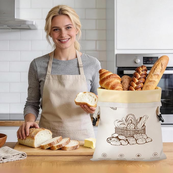 Beeswax Bread Bags for Homemade Bread, 2 Packs XL Reusable Cotton Linen Sourdough Bread Bags to Keep Bread Fresh, Airtight Drawstring Seal Reusable Food Storage Bags for Homesteading & Baking