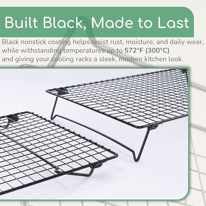 Cooling Racks for Baking 2 Pack, 17 x 11 Inch Black Collapsible Wire Racks with Folding Legs, Rust-Resistant Finish, Large Cookie Rack for Holiday Cookies, Bread and Small Kitchens