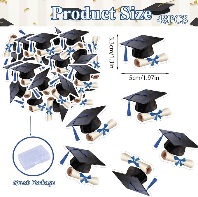 48pcs Edible Graduation Cap Cupcake Toppers Wafer Paper Blue Grad Cap Diploma Cake Decorations Edible Grad Cap Cupcake Picks for 2026 Graduation Theme Party Cake Decor Supplies