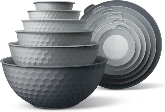 COOK WITH COLOR Mixing Bowls with Lids - 12 Piece Plastic Nesting Bowls Set includes 6 Prep Bowls and 6 Lids, Microwave Safe Mixing Bowl Set, Grey Embossed