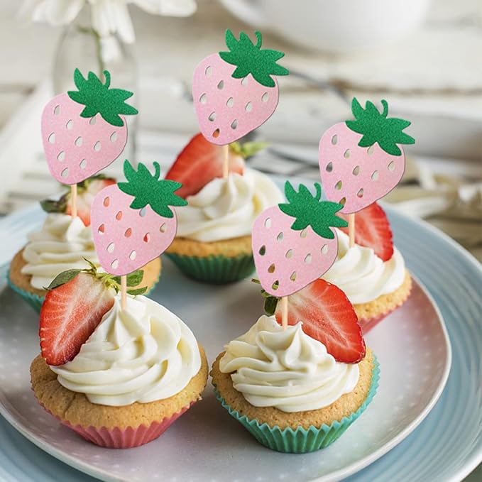 24 PCS Strawberry Cupcake Toppers Red Glitter Fruit Theme Berry Strawberry Cupcake Picks for Summer Sweet Fruit Baby Shower Kids Birthday Party Cake Decorations Supplies Pink