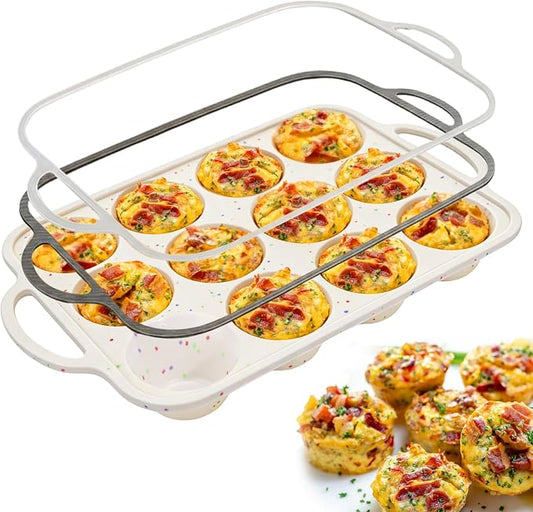 Juome Egg Bites Silicone Mold with Metal Frame, 12 Cups Silicone Muffin Pans for Baking, Nonstick Cupcake Pan Silicone Molds for Making Tarts, Meatloaf and Mini Cheesecakes