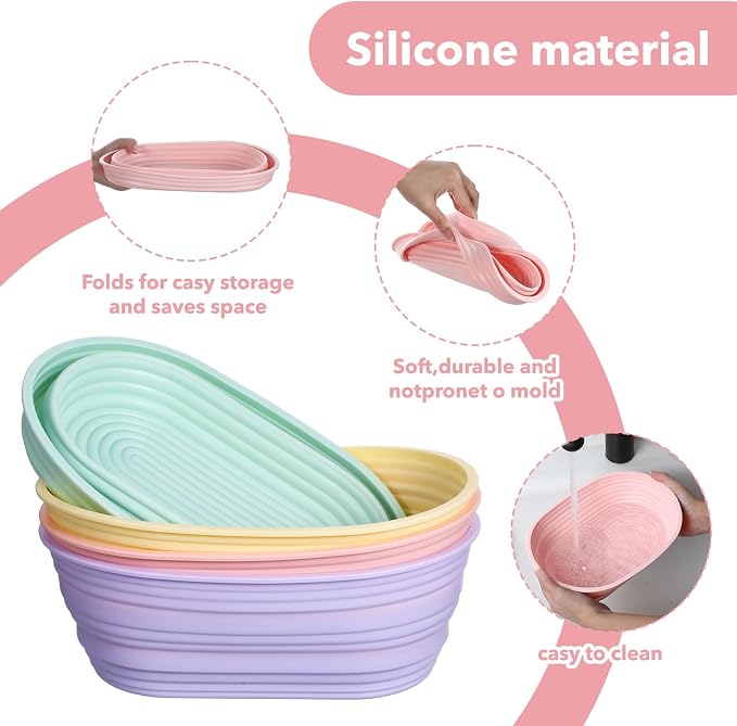 4pcs Silicone Bread Proofing Basket,10" Foldable Silicone Proofing Baskets for Sourdough Bread Baking,Non-stick Ovel Dough Proofing Bowl Sourdough Bread Baking Supplies