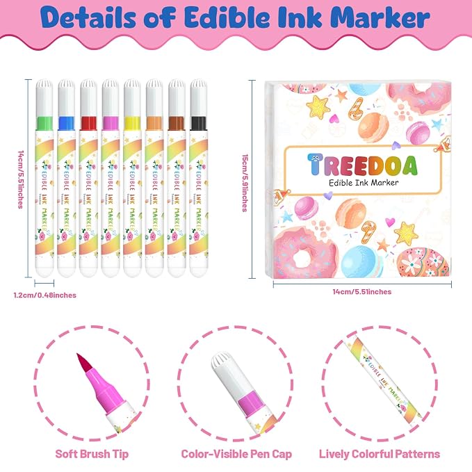 Edible Markers, 8pcs Food Coloring Pens Soft Brush Tip Food Markers, Food Grade Gourmet Writer, Edible Pens for Cookie Decorating, Cakes, Desserts, Frosting, Fondant, Easter Eggs