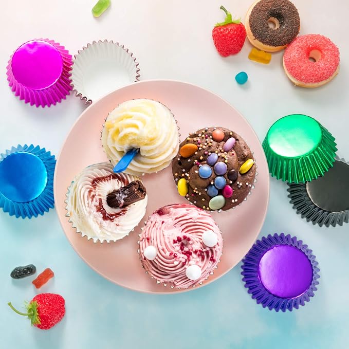 Sumind 400 Pieces Foil Cupcake Liners Standard Size Metallic Cupcake Liners Paper Baking Cups Muffin Case Decoration Cups, 10 Colors