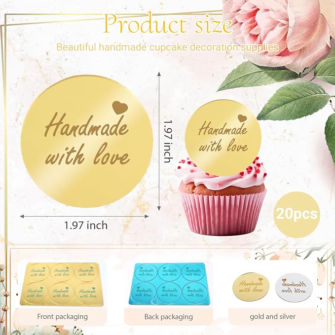 20Pcs Gold Handmade Cupcake Topper Acrylic Mirror Handmade Tags for Mother's Gift Gift Decorations Birthday Thanksgiving Party Favors Round Tags Decorations for Teacher Appreciation DIY Crafts