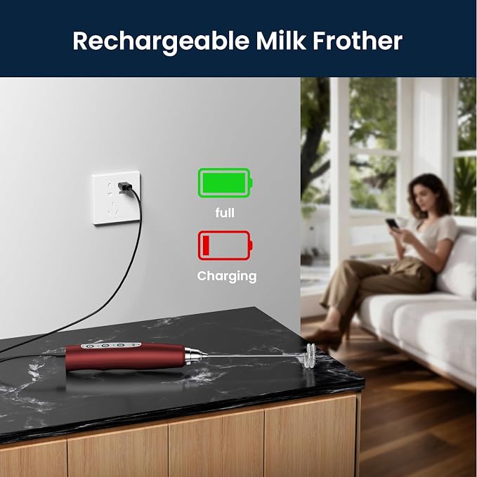 Sakgos Milk Frother Rechargeable Handheld-Electric Whisk 3 Speed Adjustable, Frother Wand Coffee with 3 Stainless Whisks, Electric Foam Maker, Drink Mixer Blender for Latte Cappuccino Matcha Egg