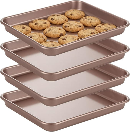 SHUESS 4 Pcs Baking Sheet, 11 X 9 Inch Non Stick Cookie Sheets for Baking, Heavy Duty Carbon Steel Small Cookie Sheets, Golden Jelly Roll Pan, Quarter Sheet Pan, Baking Trays for Oven, Air Fryer