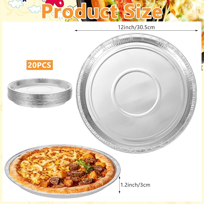 20 Pcs Disposable Pizza Pans 12 Inch Round Aluminum Pizza Pans Disposable Foil Bakeware Serving Trays Oven Safe for Baking Pizzas Chocolate Cookie Cakes Party Activities Decorations