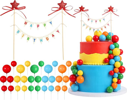 31 Pcs Happy Birthday Cake Topper Cake Bunting Topper Banner with Wood Pole Rainbow Garland with Bow Ribbon Balloon, Mini Cupcake Decor for Birthday Baby Shower (Rainbow Color)