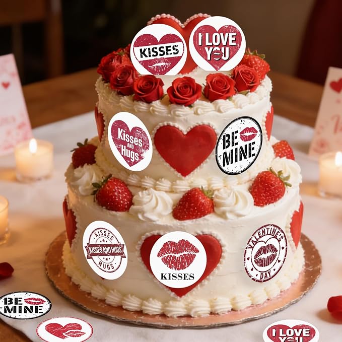 36PCS Edible Be Mine Cupcake Toppers Wafer Paper Kisses and Hugs Cupcake Picks Heart Lips Print Cake Decor for Valentine's Day Theme Wedding Engagement Party Supplies