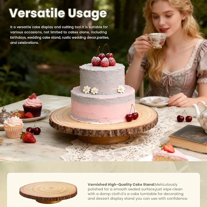 12 Inch Rotating Cake Stand - Rustic Wood Cake Stand with Cake Server, Knife & Forks Set | Cake Turntable for Easy Decorating, Perfect for Weddings, Birthdays, Party Dessert Display & Gift