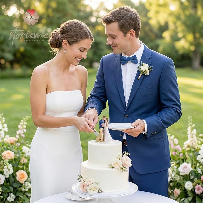 Storieme Bride Groom Cake Topper: Couple and Pet Dog Resin Figurine with Secure Base - Newlyweds Family Gifts for Wedding Anniversary & Engagement