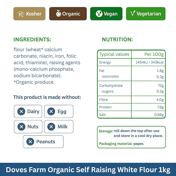 Doves Farm Organic Self Rising Flour 2.2 lb (1 kg) - Kosher & Vegan Friendly British Self Raising White Flour for Baking | Ideal for Cakes, Dessert and Everyday Baking | Imported UK Food