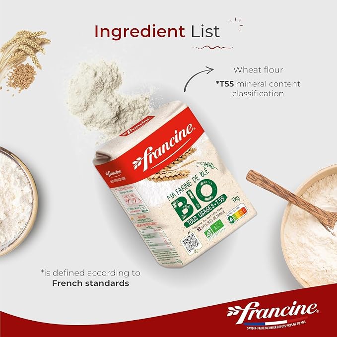 Francine Organic Wheat Flour, T55 Bio French Flour from France with Lower Gluten Content, Makes Great Breads, Pastries and Desserts, 35.3oz/1 kg (Pack of 2)