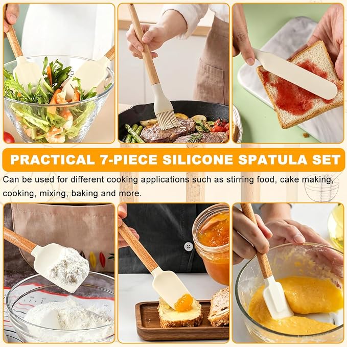 Silicone Spatula Set - 7 Piece Food Grade Rubber Spatula, Heat Resistant Up to 600°F, Wooden Handle Kitchen Utensils Set for Cooking, Baking & Mixing, Jar, Non-Stick Silicone Utensil White