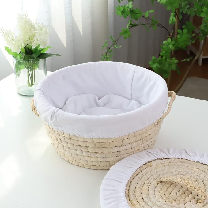 YAHUAN Round Bread Basket Serving Woven Bread Baskets Wicker Baskets Sourdough Proofing Basket with Removable Liner and Cover (Corn husk)