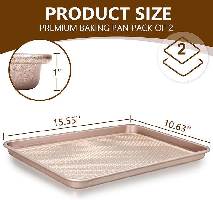Wildone Baking Sheet Pan Set, Honeycomb Embossed Nonstick Baking Sheet 15x10 In, Thicker Carbon Steel Cookie Sheet, Even Heating Jelly Roll Pan, Rose Gold, 2 Pack