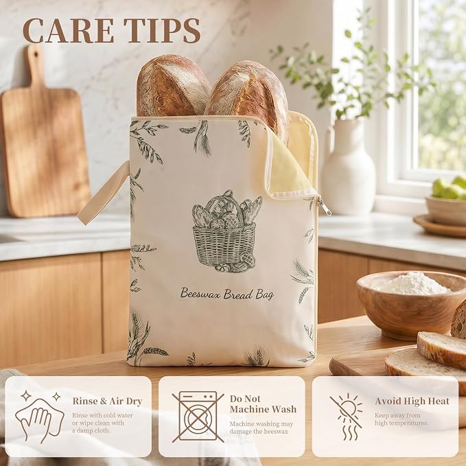 Beeswax Sourdough Bread Bags with Wide Zipper Access, 2 Pack XL 13" x 17" Reusable Linen Cotton Bread Bags for Homemade Bread, Keeps Bread Crusty Outside & Fresh Inside