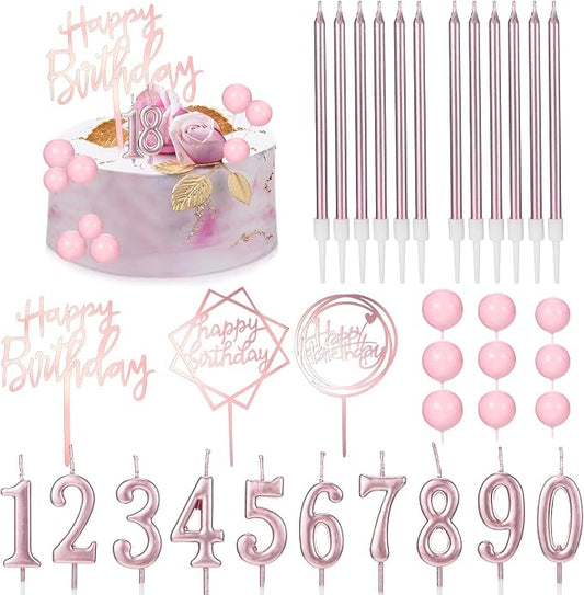 Yerliker 34 Pcs Happy Birthday Cake Toppers Decorations Birthday Candles DIY Cake Decor for Men Women Wedding Anniversary(Rose Gold)