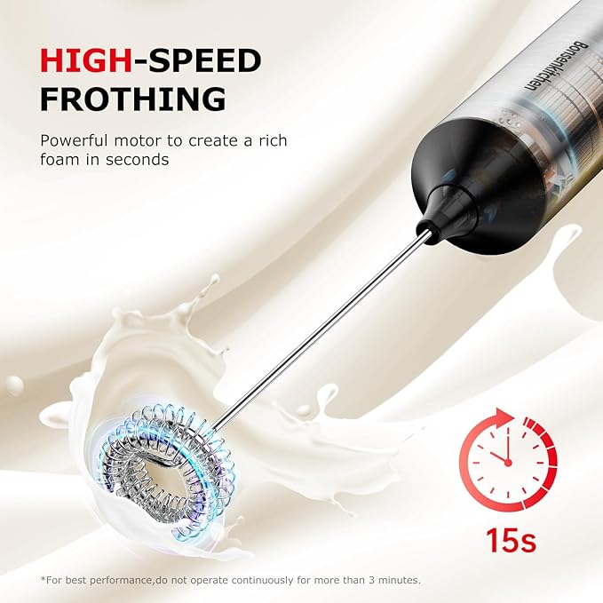 Bonsenkitchen Rechargeable Milk Frother with Stand, 3-Speed Handheld Coffee Frother, Dual Spring Whisk Electric Hand Frother Wand Drink Mixer for Lattes Cappuccino Protein, Kitchen Gifts